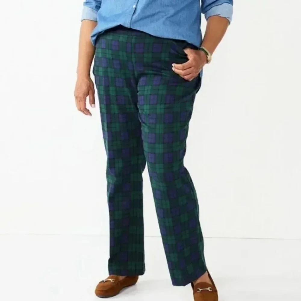Croft & Barrow Blue and Green Plaid Effortless Stretch Bootcut Pants in Size 20W